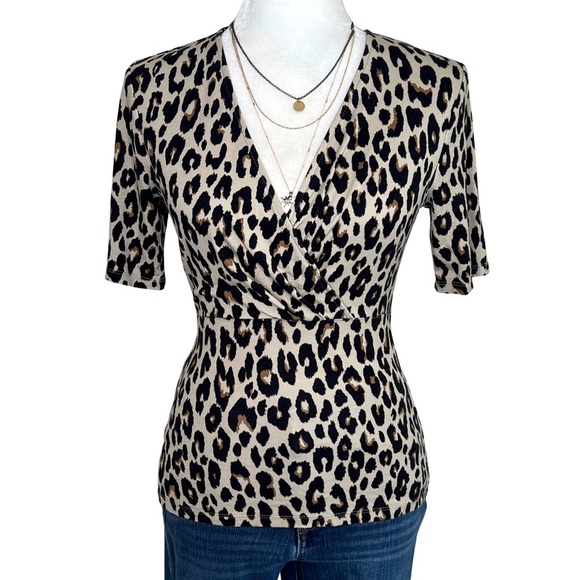 Ann Taylor Factory Faux Wrap Leopard Animal Print Belted Top Tan Black Brown XS - Picture 1 of 12